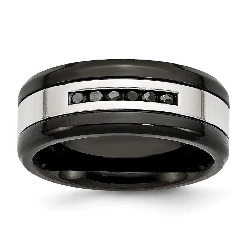 Ladies rings wire-wrapped rings-9mm Two Tone Stainless Steel & .24 Ctw Black Diamond Comfort Fit Band