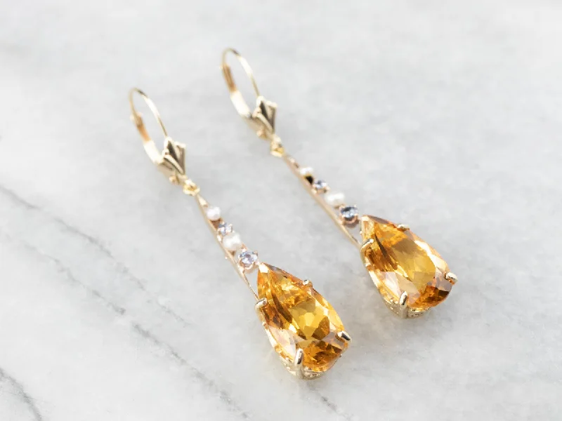 Ladies earrings personalized touch options-Pear Cut Citrine Gold Bar Drop Earrings