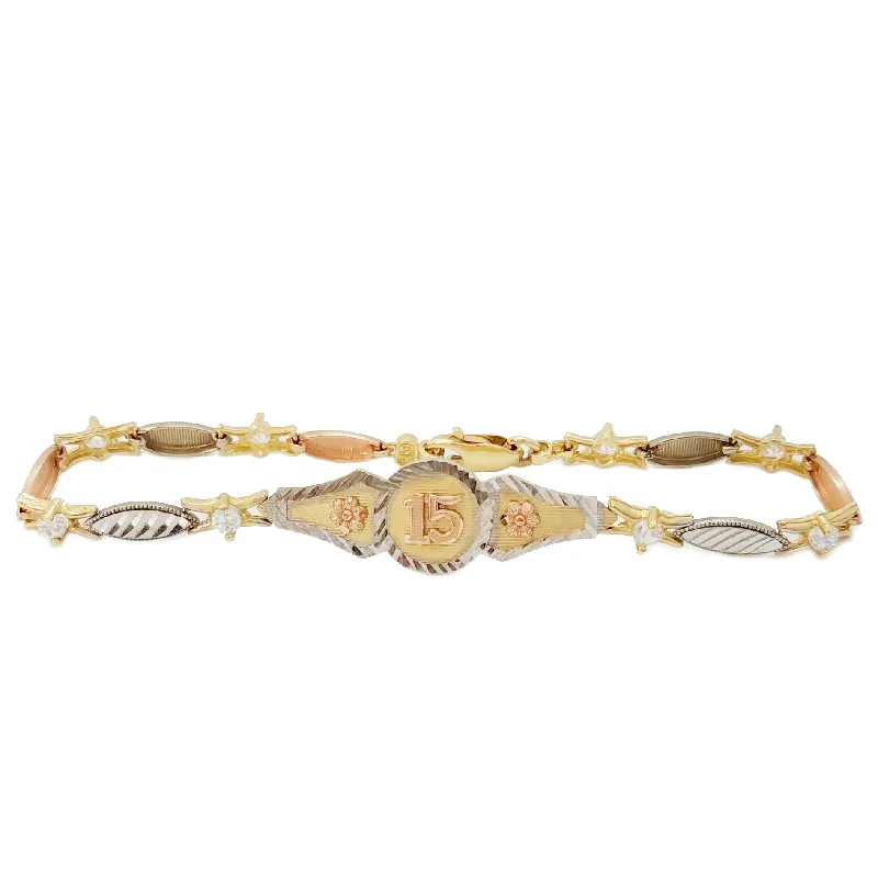 Ladies bracelets champagne diamond designs-Ladies bracelets champagne diamond designs-Cubic Zirconia (CZ) 15 Birthday / Quiceañera Tri-Color Gold Bracelet (14K)