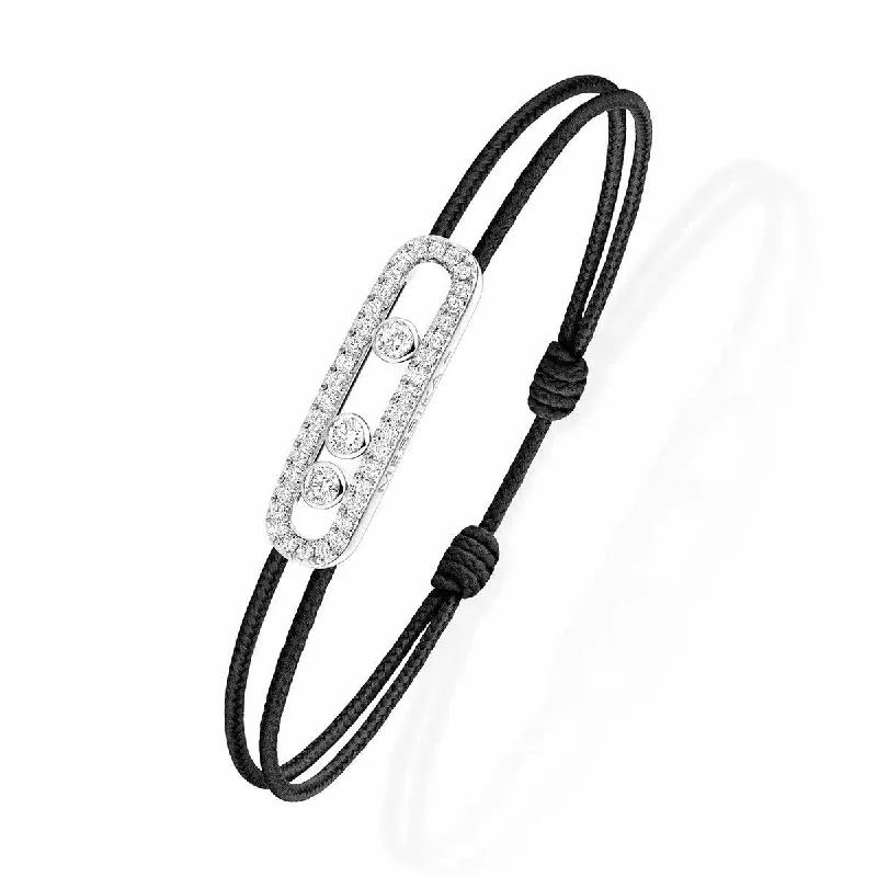 Ladies bracelets smart buying advice-Ladies bracelets smart buying advice-18ct White Gold Pave Diamond Set Messika Cares Black Cord Bracelet