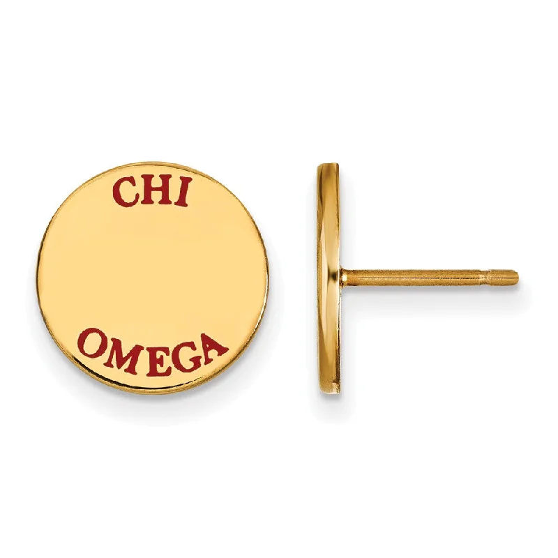 Ladies earrings rigid frame designs-14K Plated Silver Chi Omega Red Enamel Post Earrings