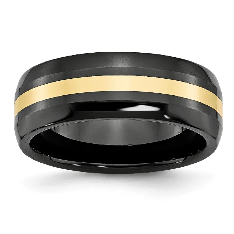 Ladies rings rainbow gem designs-Black Ceramic and 14K Gold, 8mm Inlay Comfort Fit Band