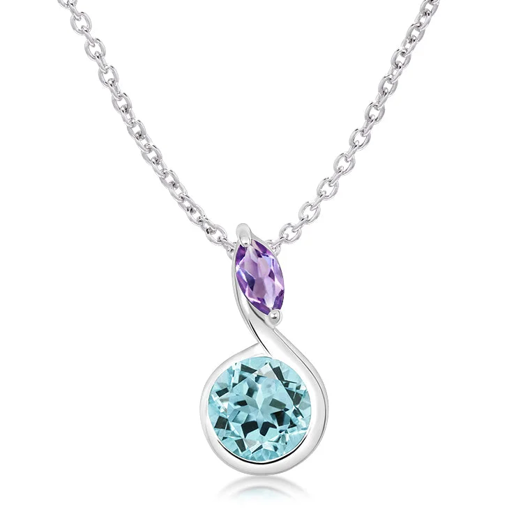 Ladies necklaces lab-created gem styles-Unique & Co Silver Blue Topaz Amethyst Pendant Necklace