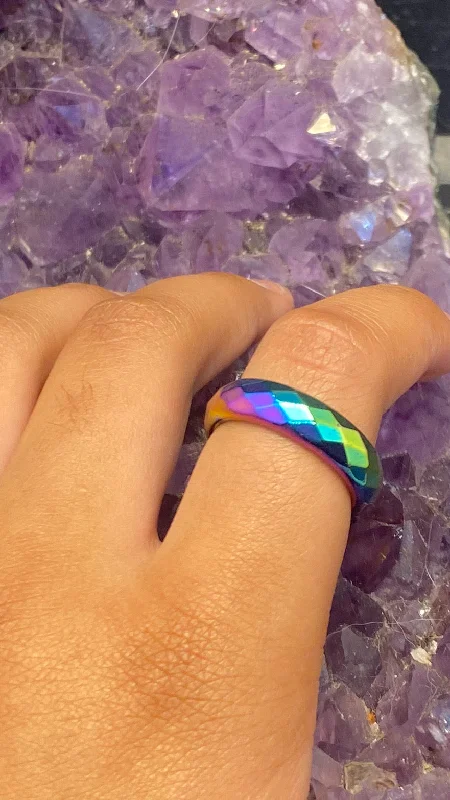 Ladies rings delicate thin bands-Hematite Rainbow Faceted Band Ring