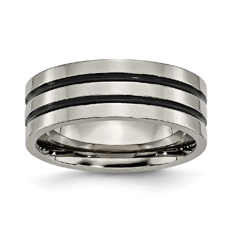 Ladies rings anniversary band designs-8mm Titanium & Black Enamel Polished Grooved Flat Standard Fit Band