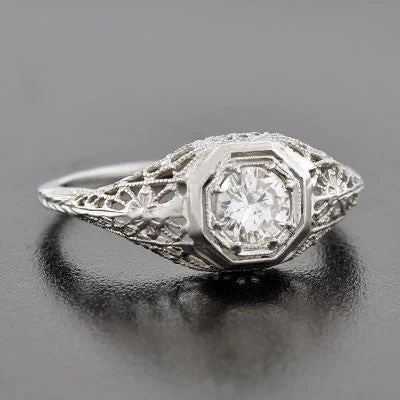 Ladies engagement rings floral motifs-Art Deco 18kt Diamond Engagement Ring .54ct