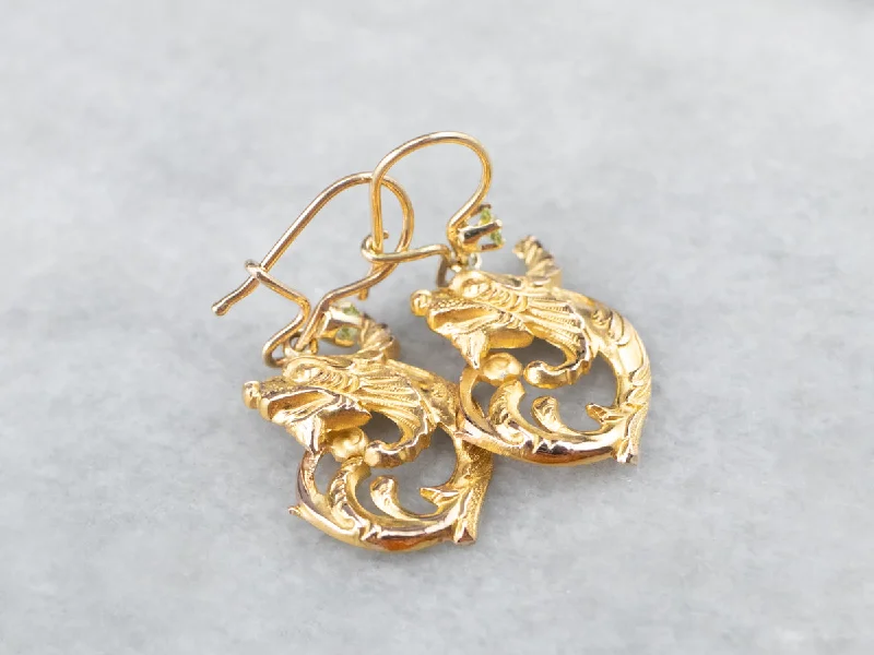 Ladies earrings elegant timeless looks-Peridot Scrolling Gold Dragon Drop Earrings