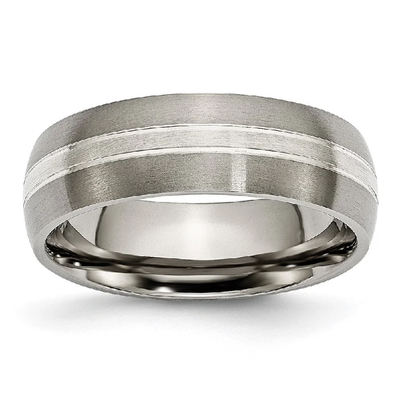 Ladies rings ruby gem accents-7mm Titanium & Sterling Silver Inlay Brushed Grooved Domed Band