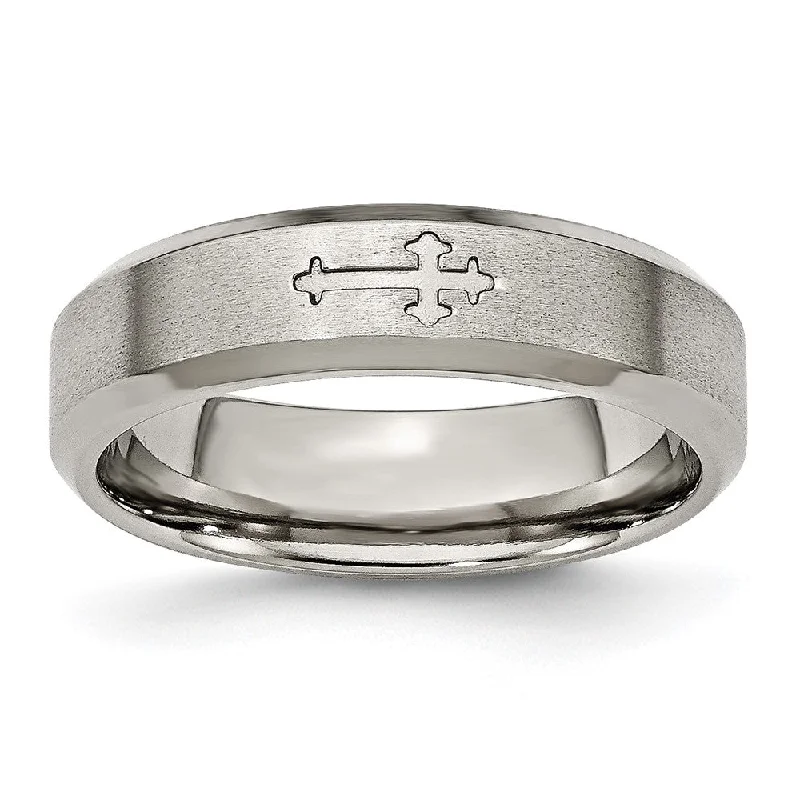 Ladies rings small batch designs-6mm Titanium Recessed Cross Beveled Edge Standard Fit Band