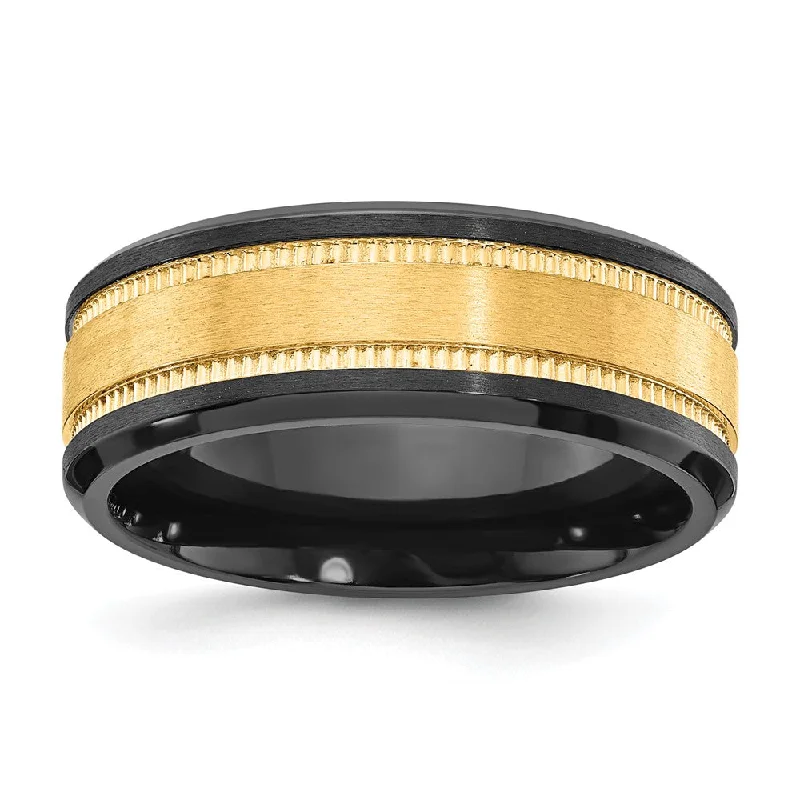 Ladies rings cross motif accents-8mm Black Zirconium & Yellow Gold Tone Grooved Standard Fit Band