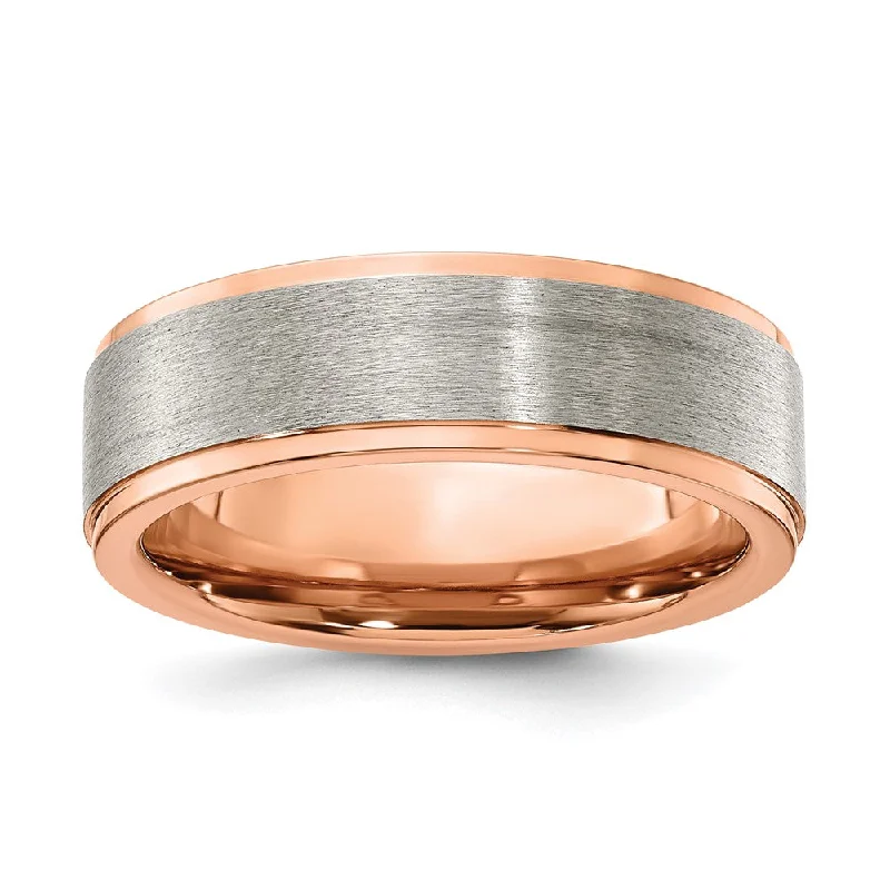 Ladies rings flat band rings-7mm Titanium & Rose Tone Plated Ridged Edge Standard Fit Band