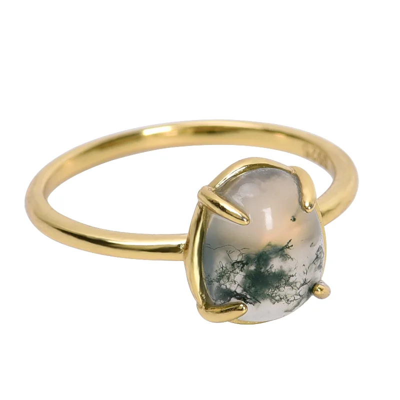 Ladies rings textured band designs-Vintage Green Moss Agate Ring