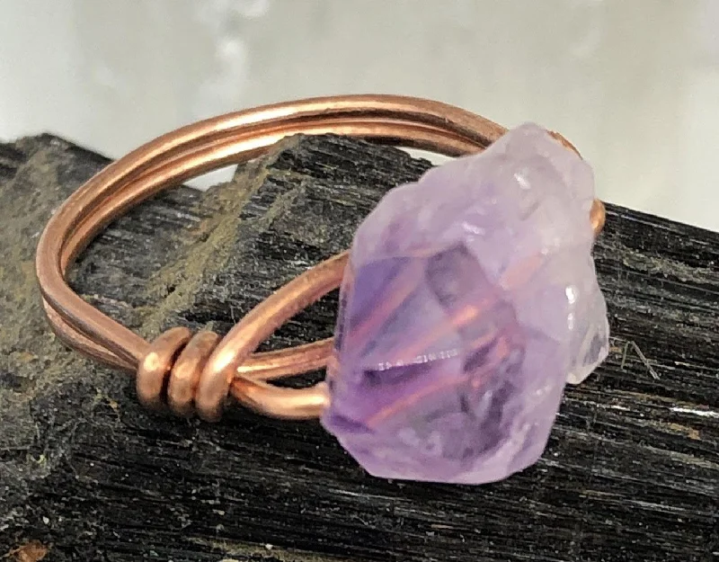 Ladies rings thumb statement pieces-Amethyst Nodule from Madagascar Copper Bead Ring