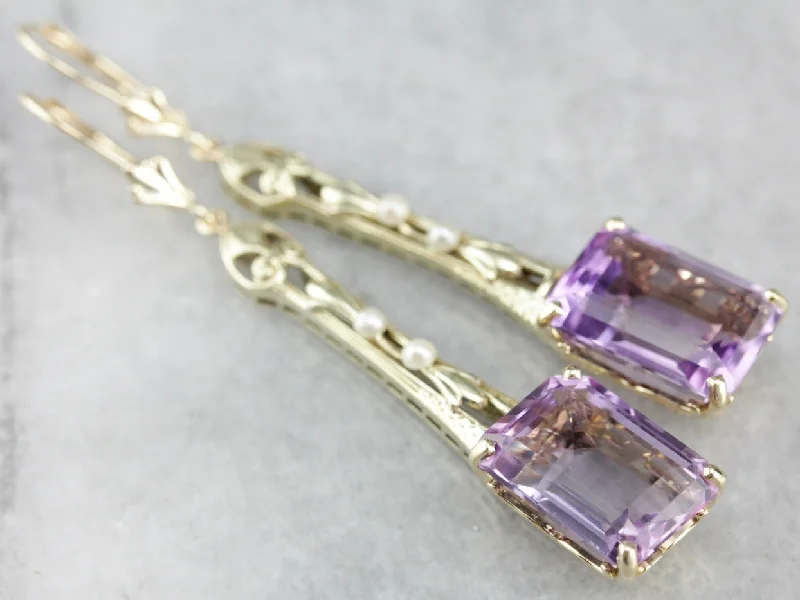 Ladies earrings art deco elegance-Amethyst and Seed Pearl Filigree Drop Earrings