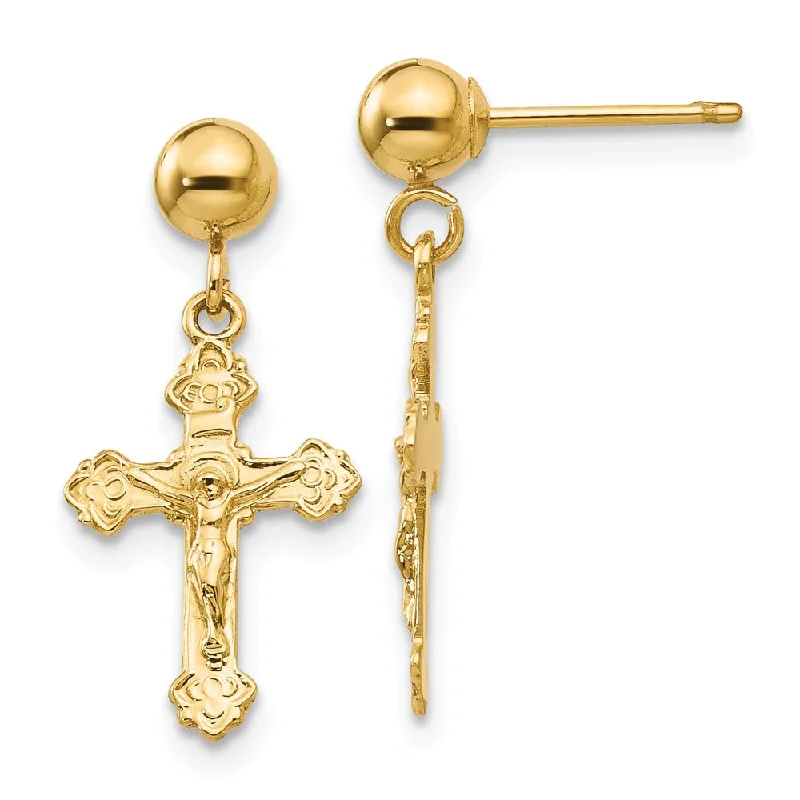 Ladies earrings understated elegance designs-Polished Crucifix Dangle Post Earrings in 14k Yellow Gold