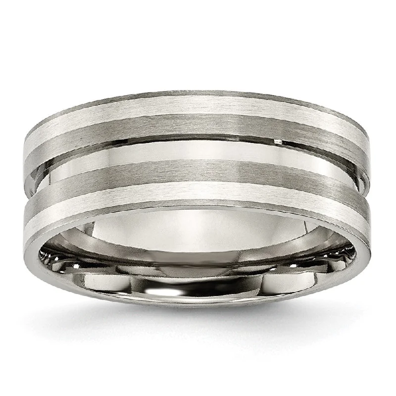 Ladies rings famous designer labels-8mm Titanium & Sterling Silver Inlay Brushed Grooved Standard Fit Band