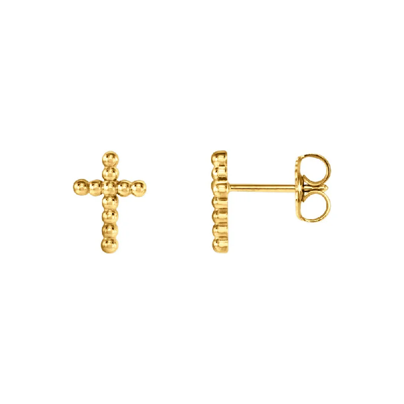 Ladies earrings recycled metal styles-9mm Beaded Cross Post Earrings in 14k Yellow Gold