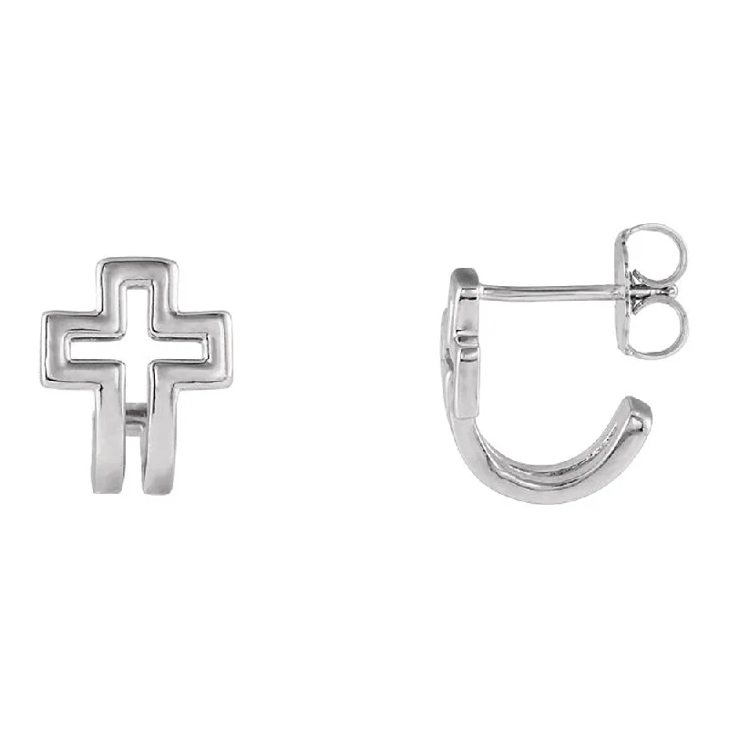 Ladies earrings channel set earrings-9x11mm (3/8 x 7/16 Inch) Sterling Silver Voided Cross J-Hoop Earrings