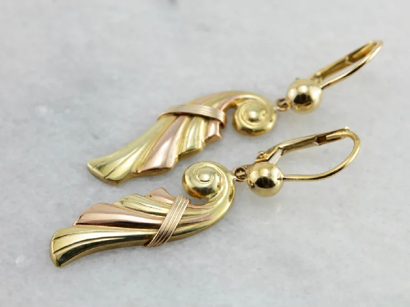 Ladies earrings ideal proposal gifts-Amazing Retro Era Dangle Earrings, Rose and Yellow Gold Cornucopia Shaped Drops