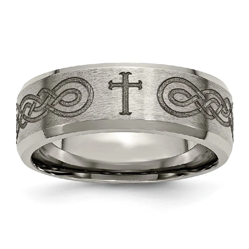 Ladies rings gothic aesthetic appeal-8mm Titanium Laser Etched Cross & Scroll Beveled Standard Fit Band