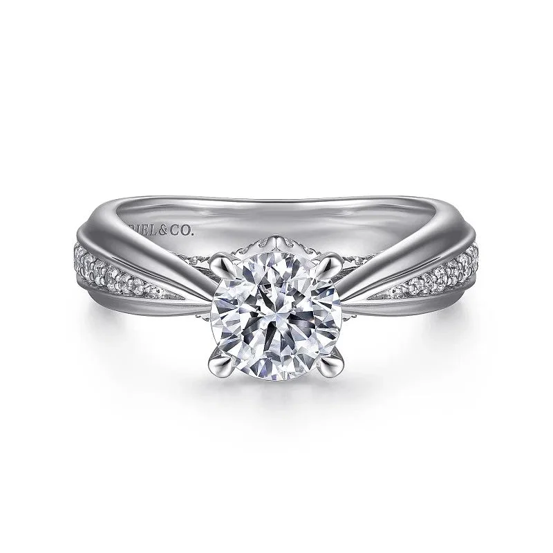 Ladies engagement rings twisted styles-Raiza - 14K White Gold Wide Band Round Diamond Engagement Ring (Setting Only)