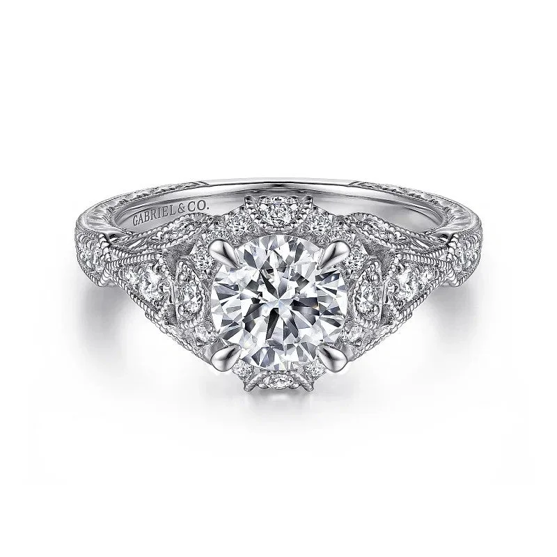 Ladies engagement rings timeless solitaires-Annadale - Unique 14K White Gold Vintage Inspired Diamond Halo Engagement Ring (Setting Only)