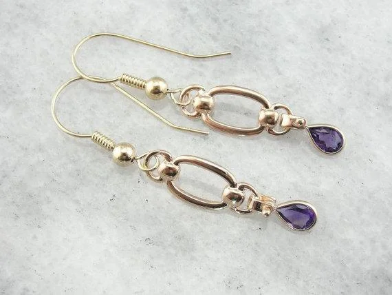 Ladies earrings timeless wedding styles-Amethyst Teardrops and Golden Links, Handcrafted Earrings