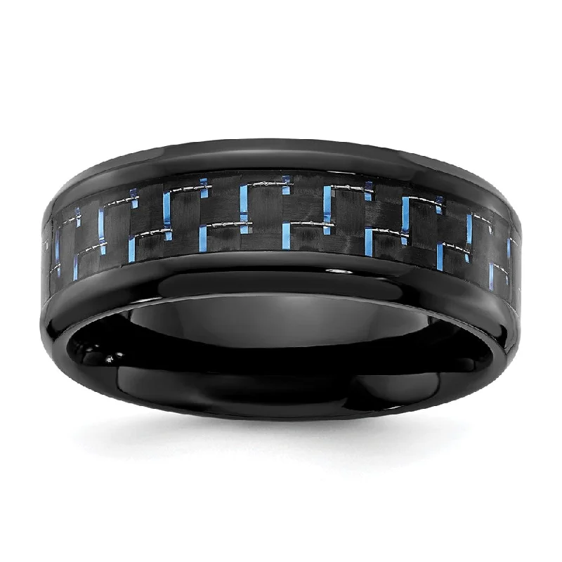 Ladies rings rigid frame designs-8mm Black Plated Titanium Black/Blue Carbon Fiber Beveled Band