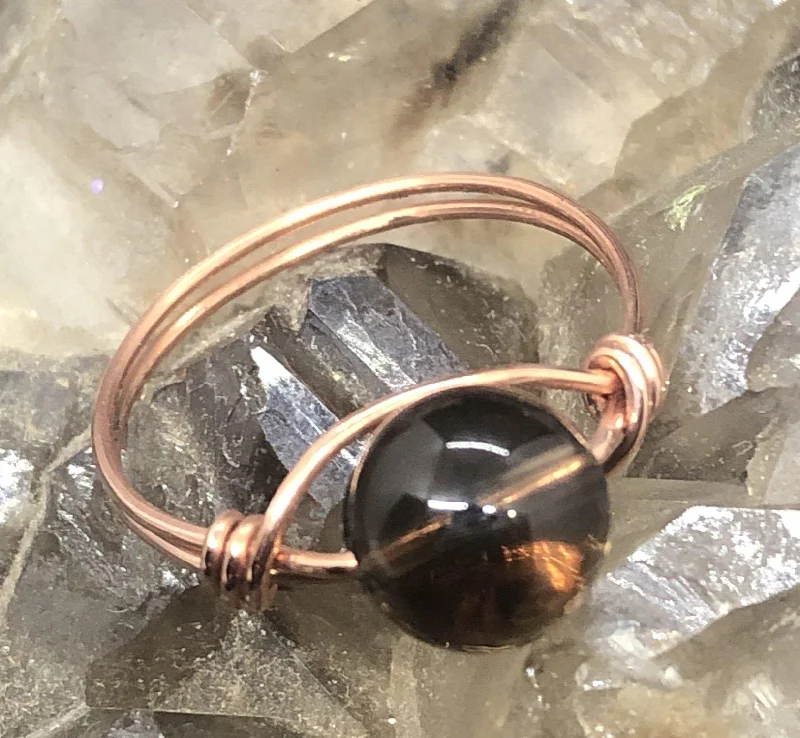 Ladies rings contemporary bold styles-Smoky Quartz Copper Bead Ring