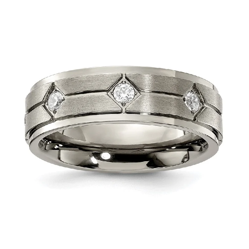 Ladies rings affordable price range-7mm Titanium & CZ Ridged Edge Standard Fit Band