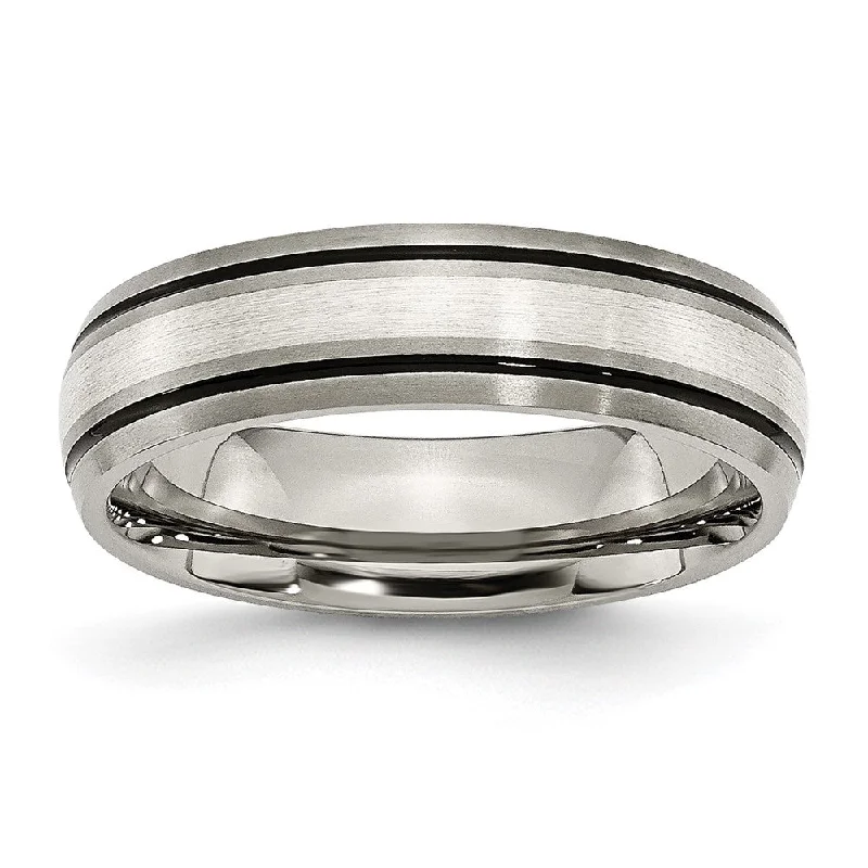 Ladies rings romantic couple sets-6mm Titanium & Sterling Silver Inlay Antiqued/Brushed Grooved Band