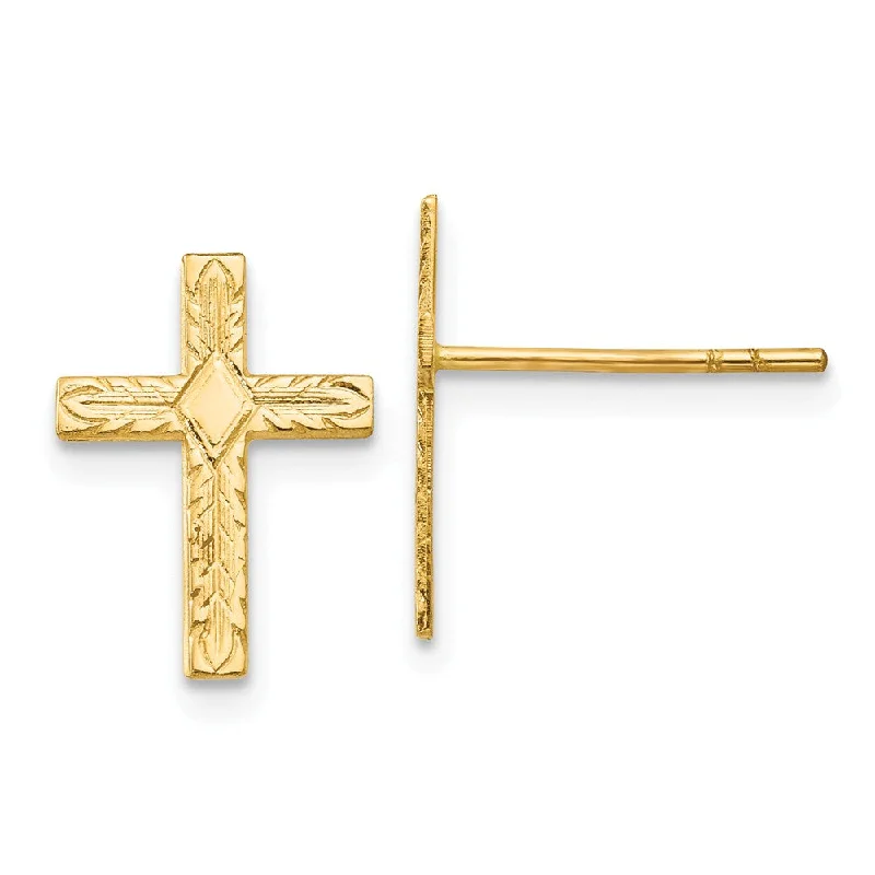 Ladies earrings brushed texture styles-13mm Textured Cross Post Earrings in 14k Yellow Gold