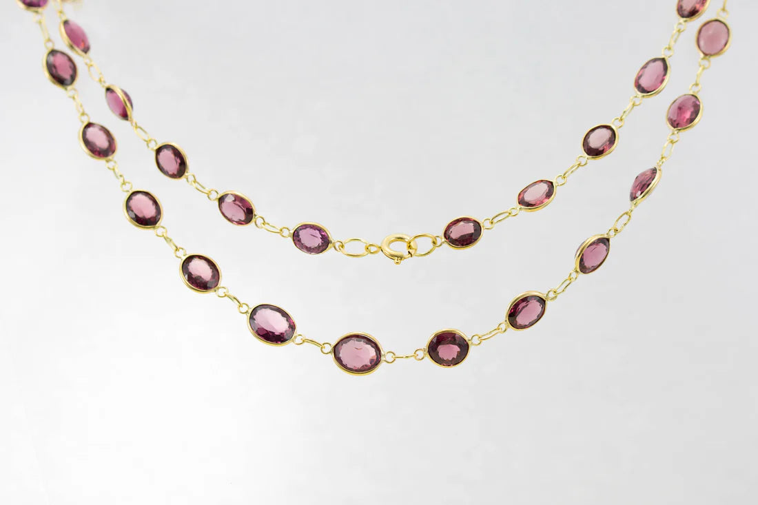 Ladies necklaces natural stone designs-9ct Yellow Gold Garnet Graduated Line Necklace