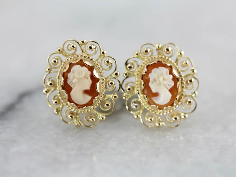 Ladies earrings 2025 style trends-Mid Century Cameo Stud Earrings with Filigree Gold Frames