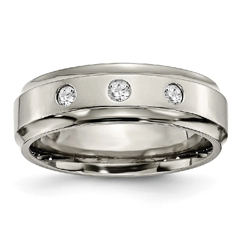 Ladies rings unique artisan designs-Mens 7mm Titanium 1/5ctw Diamond 3 Stone Ridged Edge Standard Fit Band