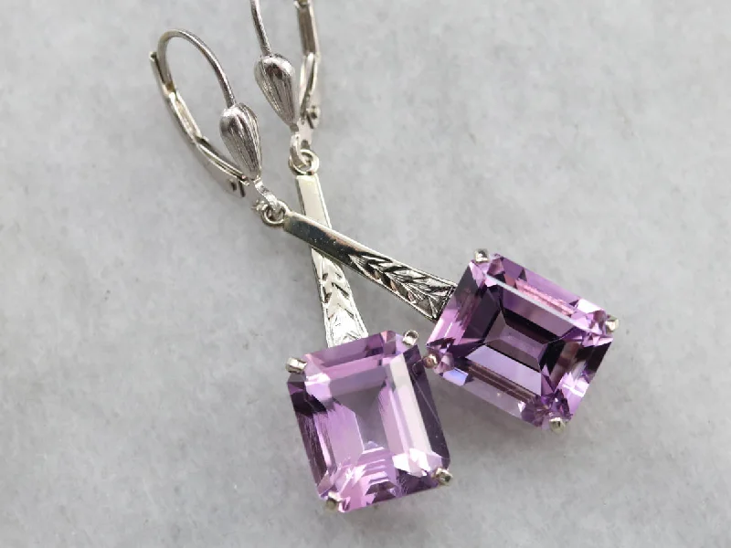 Ladies earrings gemstone cluster styles-Engraved Amethyst Drop Earrings