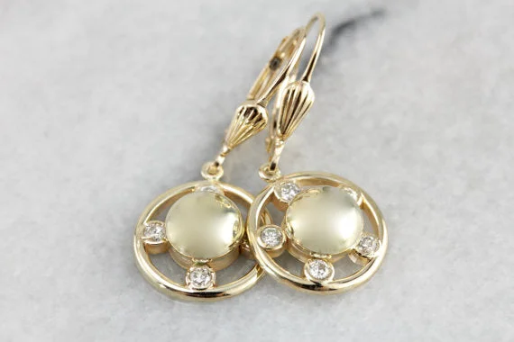 Ladies earrings celestial theme earrings-Vintage Diamond Drop Earrings, Versatile and Lovely Drops with Modernist Flair, Polished Yellow Gold