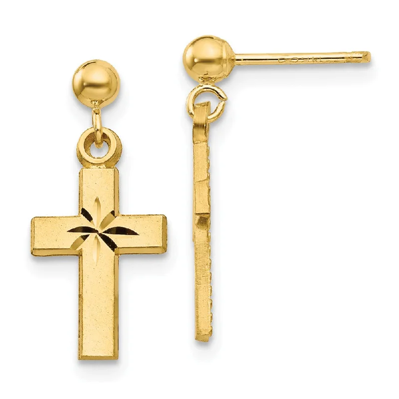 Ladies earrings fragile beauty styles-Small Satin and Diamond Cut Cross Dangle Post Earrings in 14k Gold