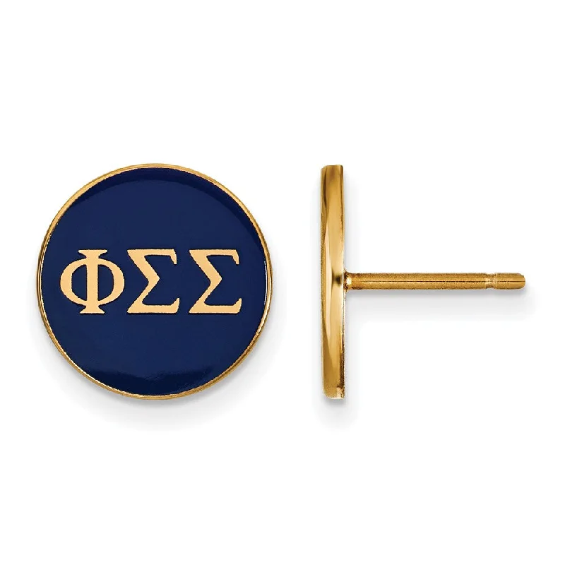 Ladies earrings signature piece designs-14K Plated Silver Phi Sigma Sigma Blue Enamel Disc Post Earrings