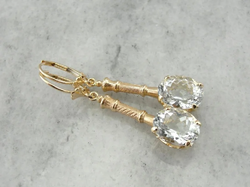 Ladies earrings arrow pattern styles-Bamboo Under Ice: White Topaz Drop Earrings with Antique Accents