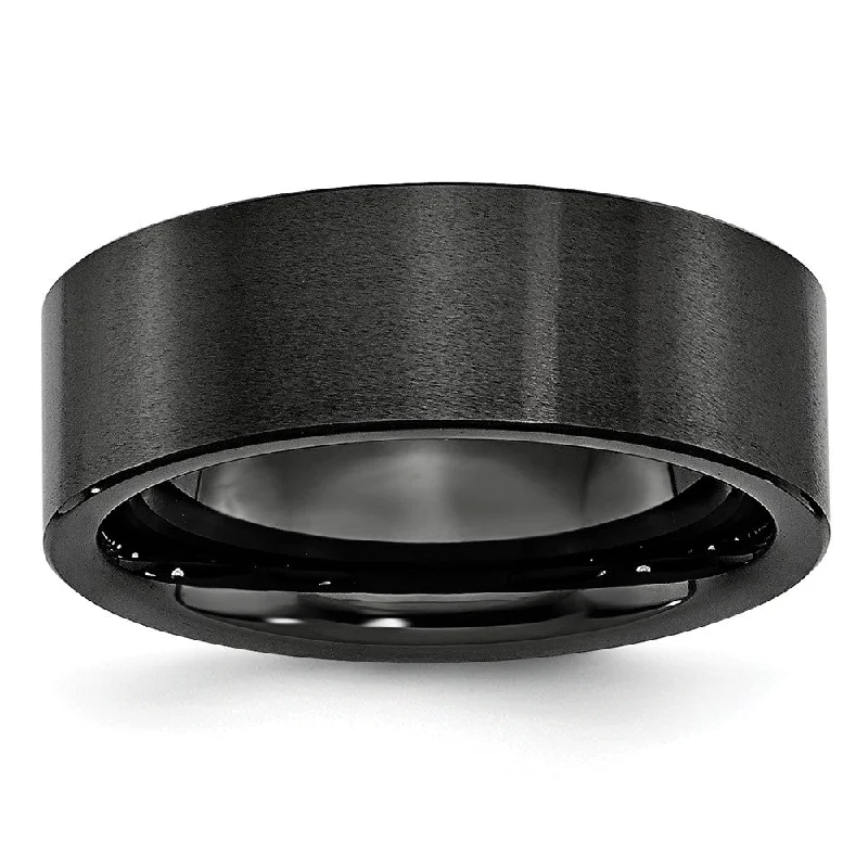 Ladies rings minimalist trend picks-Black Ceramic, 8mm Flat Brushed Comfort Fit Band