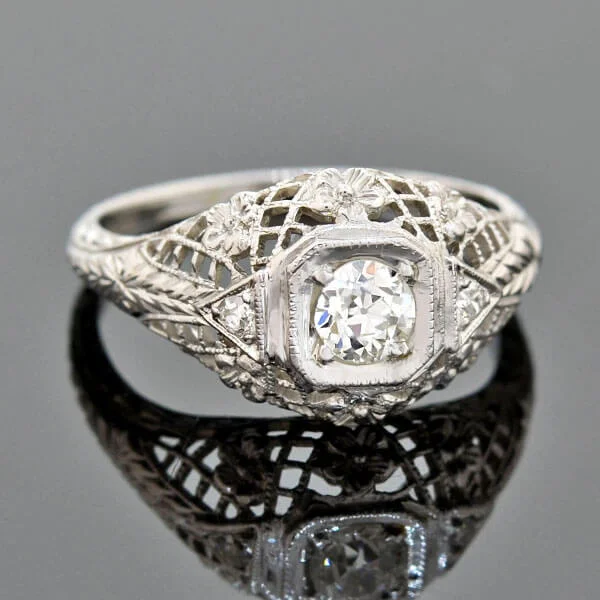 Ladies engagement rings white gold-Art Deco 18kt Diamond Engagement Ring 0.28ct