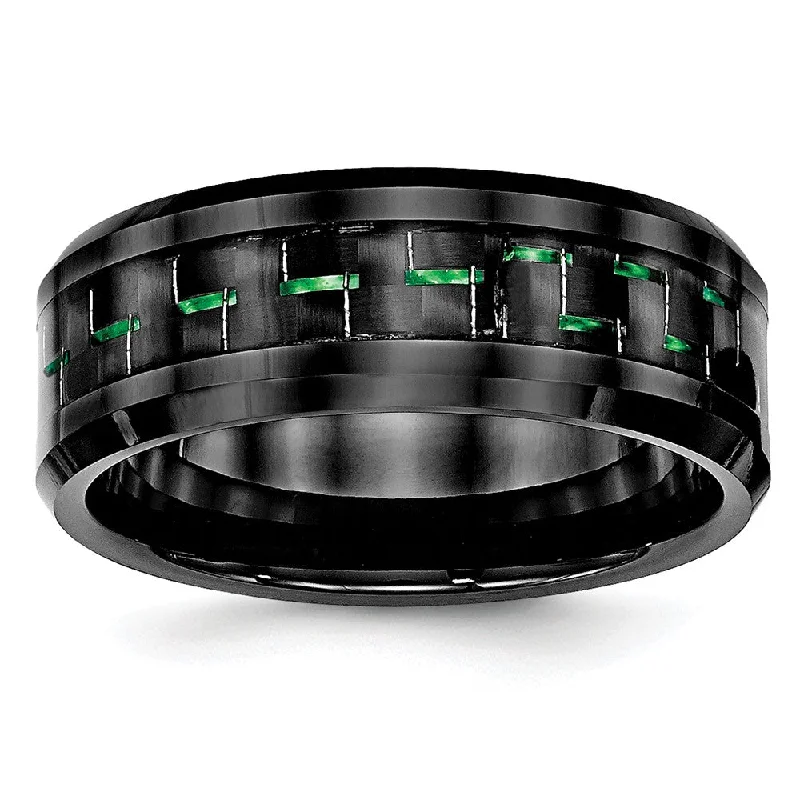 Ladies rings family heirloom rings-8mm Black Ceramic Green Carbon Fiber Beveled Comfort Fit Band