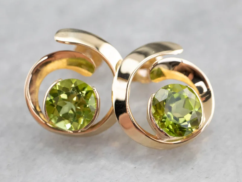 Ladies earrings promise earring options-Modernist Peridot Spiral Gold Stud Earrings