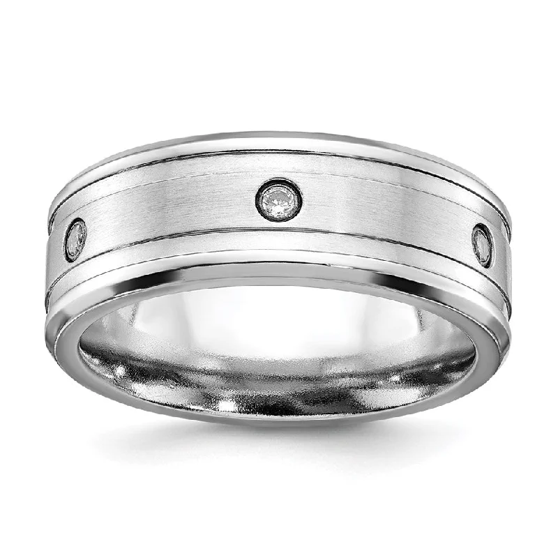 Ladies rings anniversary band designs-8mm Cobalt & CZ Beveled Edge & Grooved Standard Fit Band