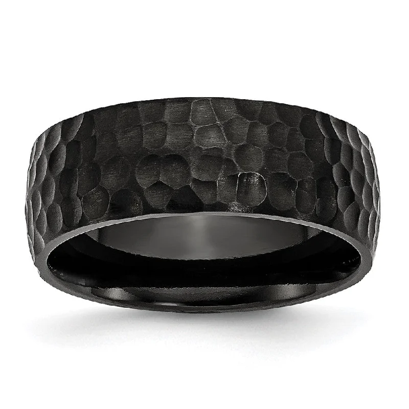 Ladies rings long-lasting designs-8mm Black Plated Titanium Brushed & Hammered Standard Fit Band