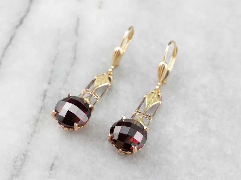 Ladies earrings minimalist trend picks-Garnet Gold Filigree Bar Drop Earrings