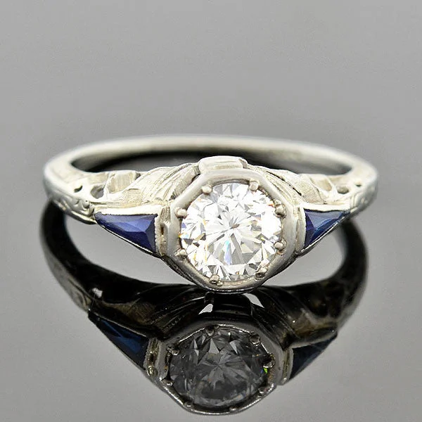 Ladies engagement rings modern appeal-Art Deco 18kt Diamond & Sapphire Engagement Ring .82ct