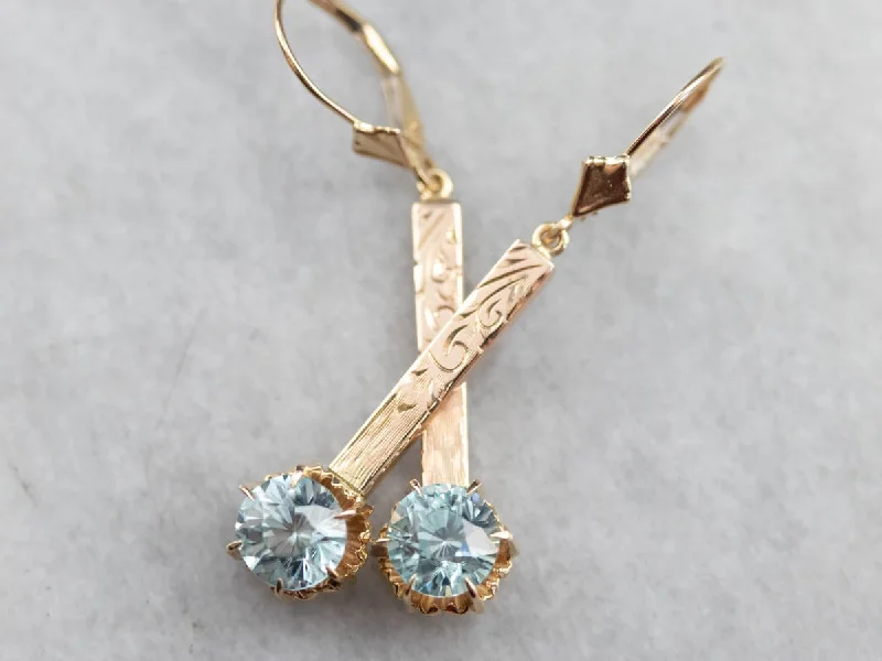 Ladies earrings avant-garde designs-Blue Zircon Ornate Gold Bar Drop Earrings