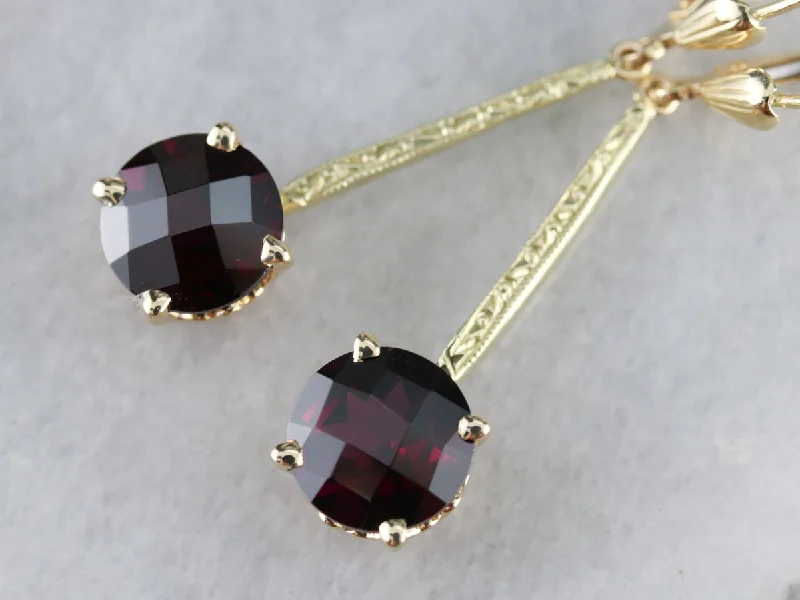 Ladies earrings limited run designs-Engraved Long Garnet Drop Earrings